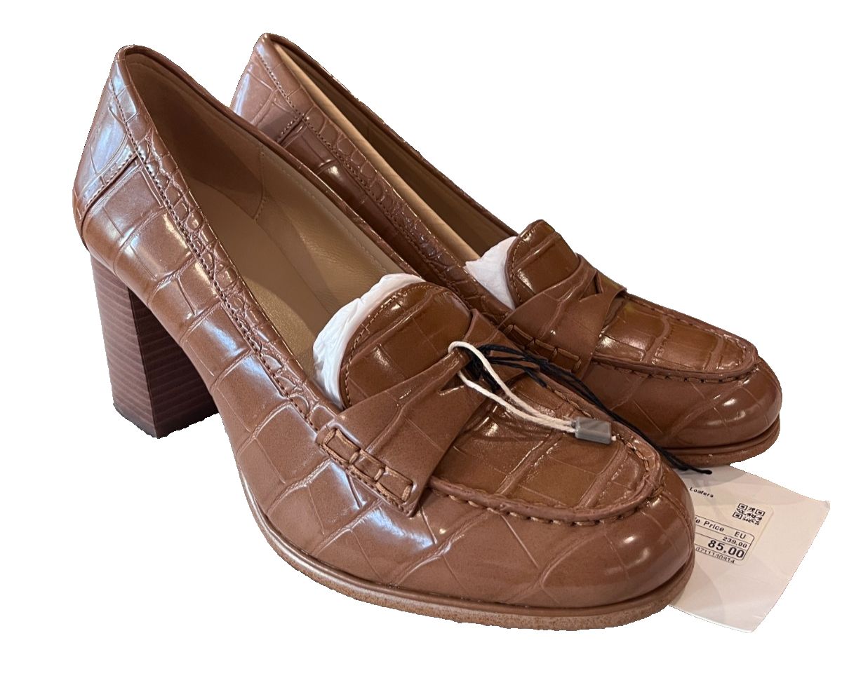 Michael Kors New Size 7.5 Croc Embossed Brown Leather Loafer Pumps Block Heel